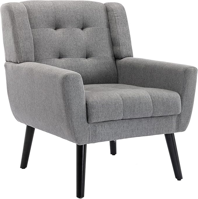 SSLine Linen Accent Arm ChairMid-Century Modern Upholstered Wingback Single Sofa Armchair Club Chair with Solid Wood Legs Thick Cushion for BedroomReadingLiving Room Chair (Light Grey)