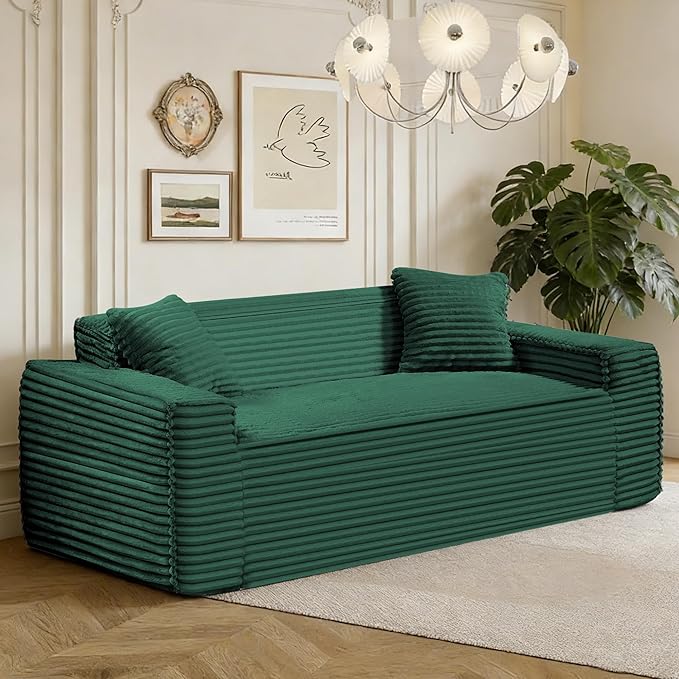 75 Cloud Loveseat Sofa 26 Deep Seat Boneless Couches for Living Room Modern 3 Seater Sofa with Throw Pillows Corduroy Compression Sofa in Box No Assembly Couch for Bedroom Dorm Dark Green