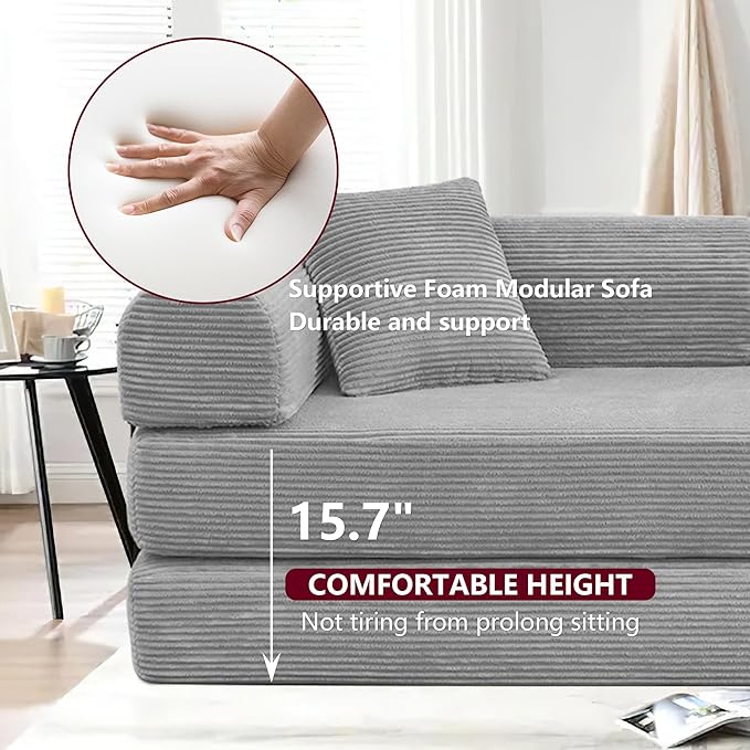 JJJ 78 inch Sofa Bed 4-in-1 Boneless Convertible Corduroy Sleeper Folding Couch with Fixed-Shape Frame and 2 Futons No Assemble Required 3 Seater Upholstered for Living Room (Light Grey 78 inch)