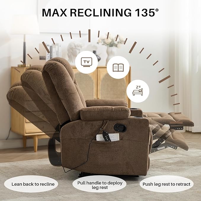 Recliner Chair with Massage and HeatChenille Recliner Sofa Chairs for AdultsWall Hugger Recliners for Living Room Reclining Armchairs with Cupholders Middle Brown