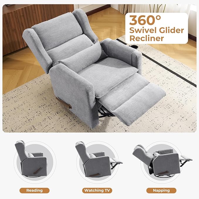 Swivel Rocker Recliner Chair Glider Rocker Recliner with Adjustable Headrest Nursery Rocking ChairManual Recliner with Side Pockets for Living Room &amp BedroomGrey