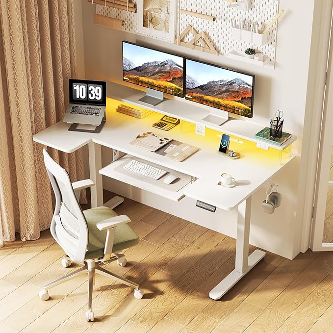 OffiGo U Shaped Electric Standing Desk with Keyboard Tray 55 Inch Height Adjustable Desk with Power Outlets &amp LED Lights Sit Stand Table with Monitor Stand for Home Office White