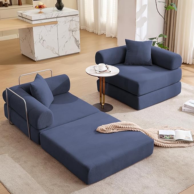 73 Convertible Modular Folding Sofa Bed 5-in-1 DIY Combination Fold Out Sleeper Sofa Bed Loveseat sleeper Couch with Removable Armrests Corduroy Floor Couch Small couches for small spaces Blue