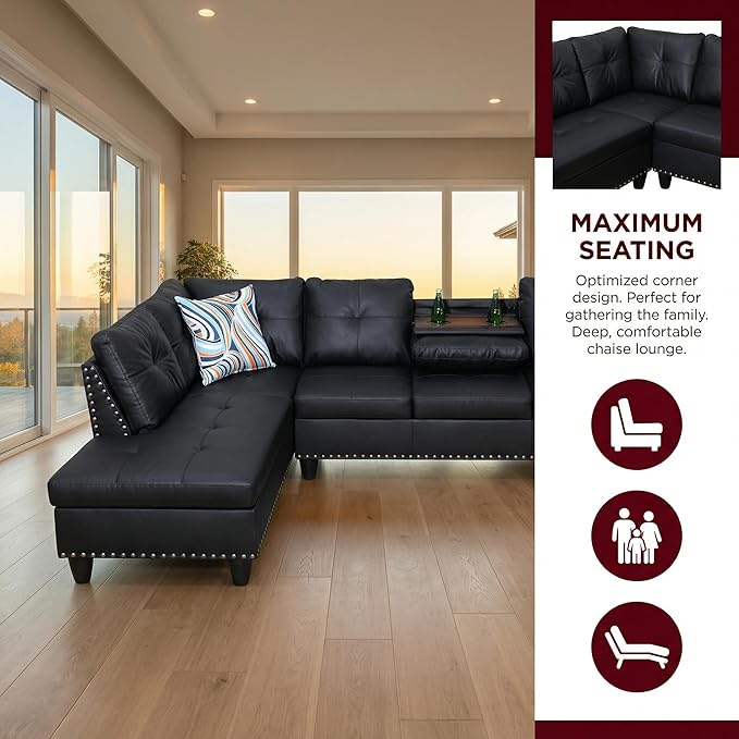 L-Shaped Sectional Couch with Cup Holders Leather Living Room Sofa with Lounge Chaise Modern 4 Seater Sofa Couch for Living Room Small Apartment &amp Office Black