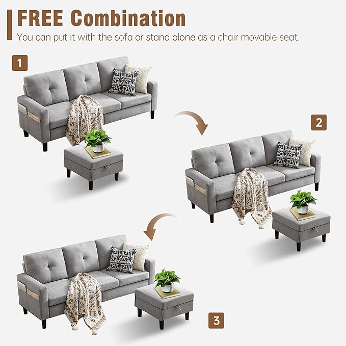 3 Piece Living Room Sofa Sets Modern 3 Seater Sofa with Storage Ottoman and 2 PSC Armchair Couch Sets Easy Assembly Modern 5 Seat Sectional Couches for Living Room Office Light Grey