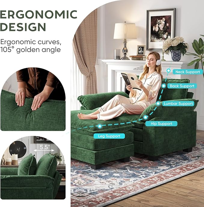 CDCASA Oversized Accent Chair with Ottoman Chenille Comfy Cloud Sofa Chair with Large Seat and Upholstered Armrests Modern Extra Wide Armchair Reading Chairs for Bedroom Living RoomSet of 2Green