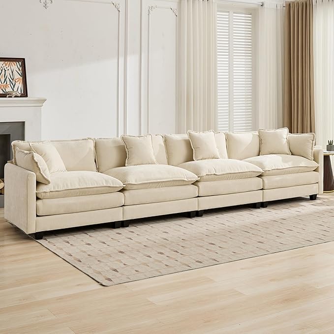 Aoowow Modular Sectional 4 Seater Cloud Sofa Couch for Living Room149.6 Beige Cloud Sofas with Deep SeatModern Chenille 4 Seat SofasFluffy Cloud Couches for BedroomOfficeHotel (Beige 4 Seater)