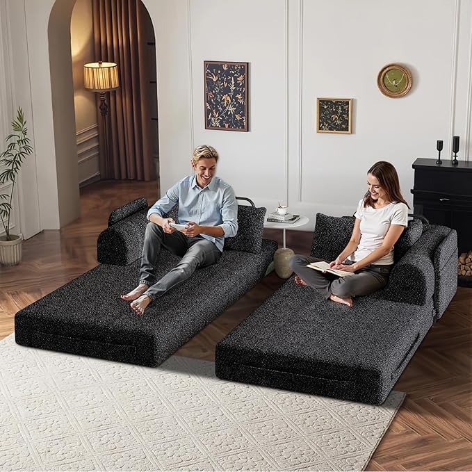 Convertible Floor Sofa Bed 79 Compression Sofa Foldable Sleeper Couch Bed Modular Sectional Couch Comfy Loveseat No Assembly Required for Living Room Guest Room Chenille Fabric Black