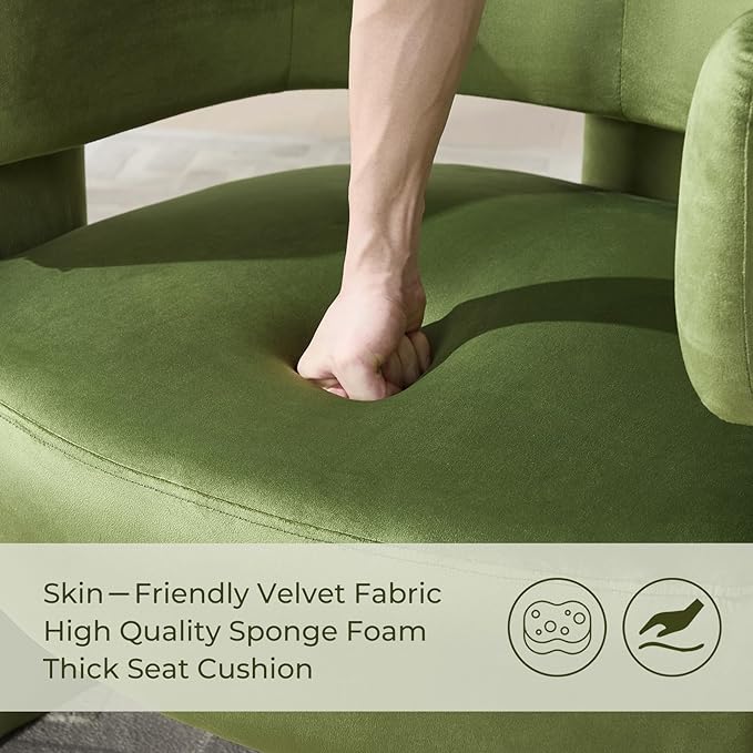 Barrel Accent Chair Mid Century Modern Upholstered Living Room Chairs with Wooden Legs Comfy Velvet Reading Arm Chair for Bedroom Makeup Room Green