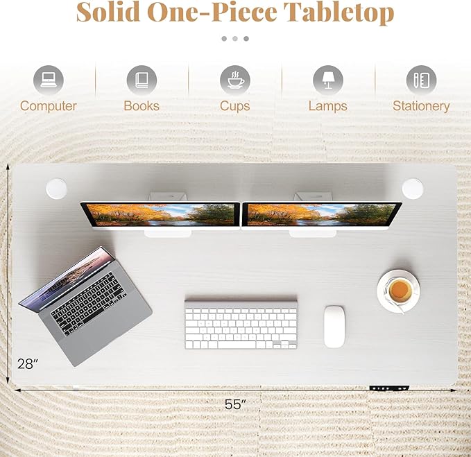 Tangkula Universal Wood Table Top 55” x 28” Solid One-Piece Desktop for Standard &amp Sit to Stand Desk Frame Rectangular Workbench Top Board with Cable Holes Countertop DIY Coffee Bar Tabletop