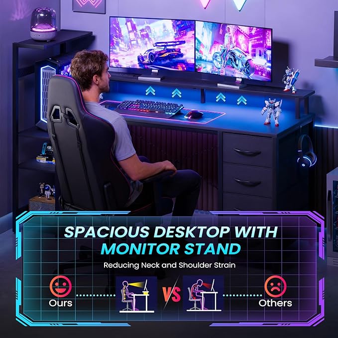 59 Inch Gaming Desk with Power Outlet and LED Lights Computer Desk with 4 Drawers &amp Storage Shelves Reversible Home Office Desk with Monitor Stand for Small Space Bedroom Carbon Fiber Black