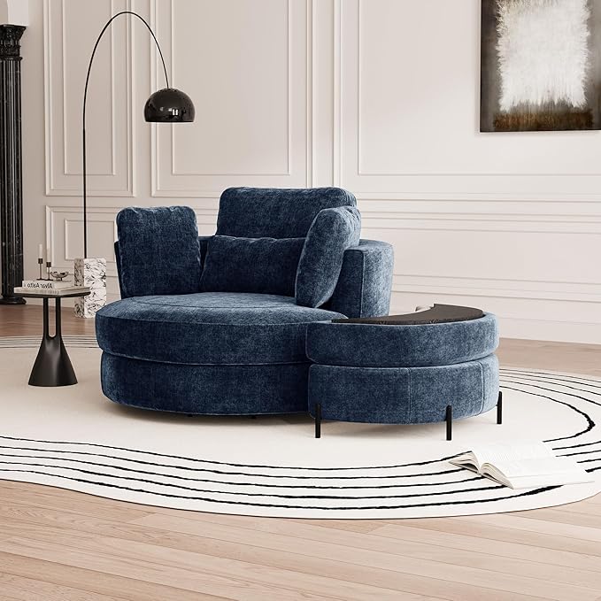 Aoiy &amp Wifon 50'' W Oversized Swivel Barrel Chair with Storage Ottoman Navy Round Swivel Accent Chair with Half Moon Ottoman for Living Room Deep Seat &amp Extra Wide Chenille