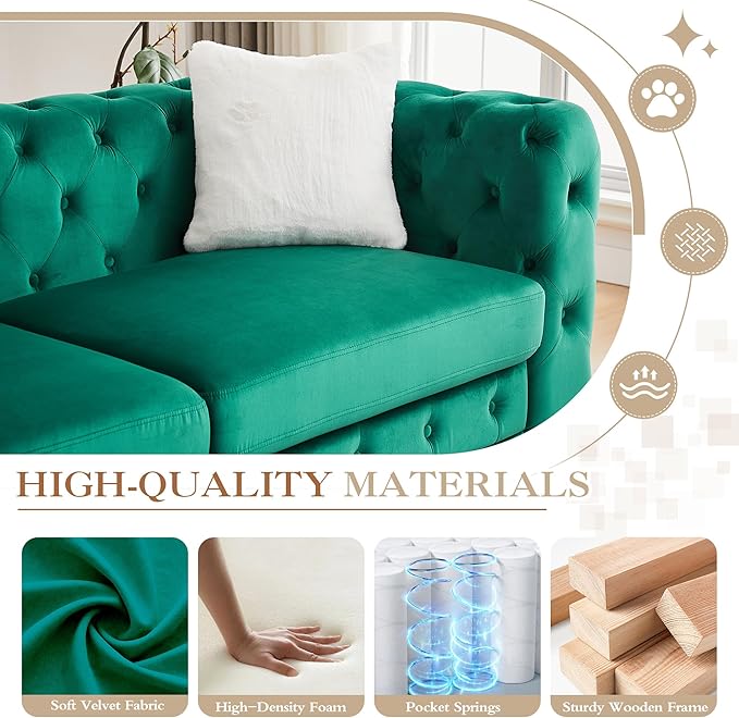 2 Piece Velvet Chesterfield Sofa Set Mid-Century Modern Love Seat Button Tufted Couch with Curved Arms Gold Metal Legs Deep Seat Comfortable Living Room Set Furniture (Green Couch and Loveseat)