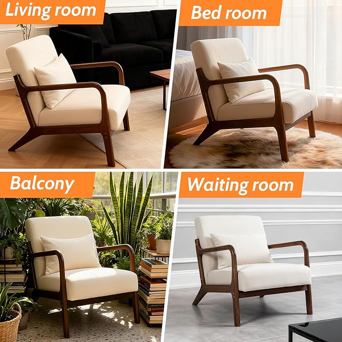 Modern Accent Chair Cotton Linen Fabric Upholstered Lounge Armchair with Solid Wood Frame for Living Room Bedroom Reading Nook (White-Dark Brown armrest)