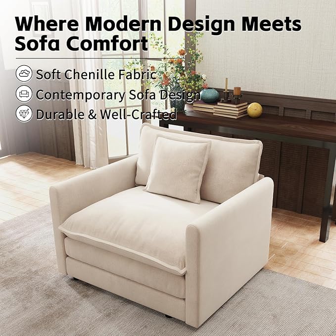 Modular Sectional Sofa 41 Chenille Single Seat Sofa with Pillow &amp Armrests Ultra Soft Cloud Sectional Couch Modern Deep Seat Sofa for Living Room (Khaki Single Seat)