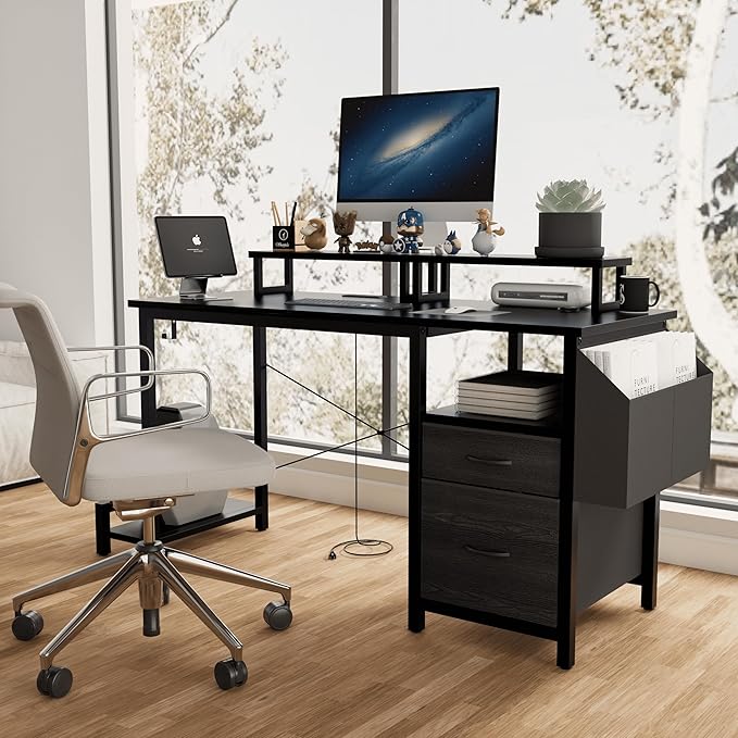 Modern 47 Home Office Writing Desk with Power Outlet &amp 2 Drawers Gaming Desk w/ 2 Monitor Stands &amp Side Pocket for Office Crowd &amp Gaming Crowd (Black)