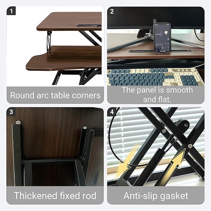 32 Inch Height Adjustable Stand Up Desk Riser Heavy Duty Computer Workstation with Removable Keyboard Tray - Ergonomic Design for Home Office Workshop Gaming Spacious Platform(Walnut)