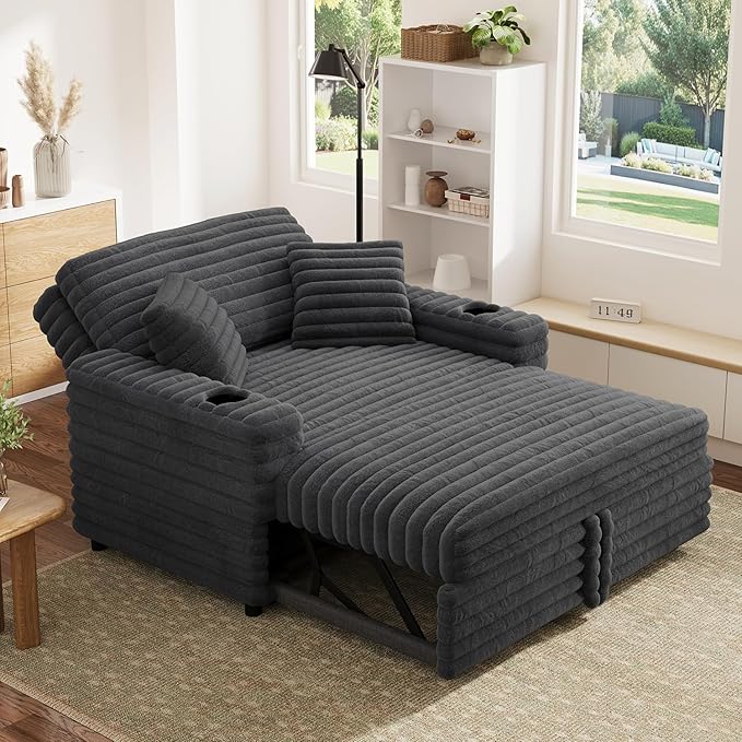 Plush Sofa 52” 3-in-1 Convertible Pull-Out Sofa Bed Sleeper Loveseat with Built-in Cup Holders Reclining Backrest Pet-Friendly for Small Space - Grey