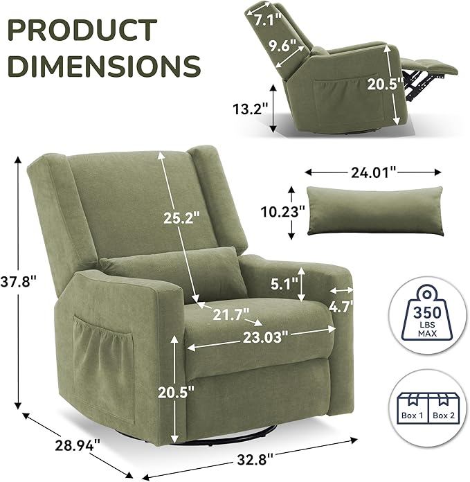 Tbfit 360° Swivel Recliner ChairNursery Rocking Chair with Lumbar Support for Bedroom Comfy Upholstered Armchair with Pillows &amp Footrest for Living Room (Hidden Ring Handle Green)