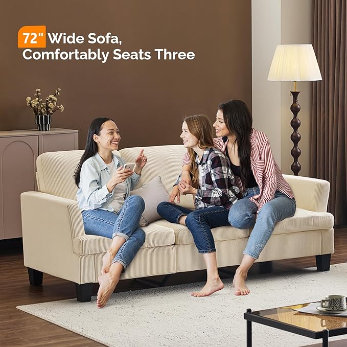VINGLI Beige 83 Sofa Couches for Living Room Corduroy Modern Comfy 3 Seater Couch 25.6 Deep Seat Upholstery Cozy Sofas for Small Space Bedroom Apartment Home Office
