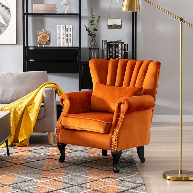 Accent Reading Arm Chairs Set of 2 Midcentury Modern Comfy Corner Sofa Chair Wingback Waiting Room Club Chair with Tufted Back for Living Room/Bedroom/Reception Room Velvet Orange