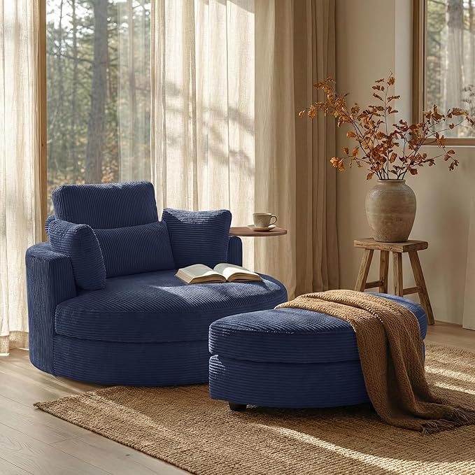 Yoglad 51” Swivel Barrel Chair with Storage Ottoman Corduroy Upholstered Accent Chair and A Half with Tray Table Oversized Chaise Lounge Round Sofa Chair for Living Room Bedroom(Blue)