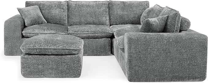 L-Shaped Boneless Modular Sectional Cloud Couches 6 Seat Modular Boucle Floor Foam Boneless Sofa Couch with Ottoman Headrest Pillows and Removable Cushions