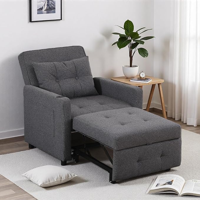 3-in-1 Convertible Sleeper Chair Sleeper Sofa Bed with USB Ports Lazy Sofa Bed with Side Pocket Recliner Chair with Adjustable Backrest for Living Room Apartment Dorm or Office Grey