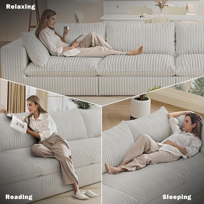 Oversized 118 W Corduroy Boneless Couches for Living Room No Assembly Required 3-Seaters Modular Sectional Sofa with Removal Cushion Comfy Plush Upholstered Couch for Apartment/Office (White) | Co