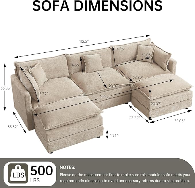 Modular Sectional Sofa 112.2 Inch U Shaped Couch Set with Armrests 3-Seater Comfy Cloud Couches with Movable Ottoman for Living Room Apartment Coffee