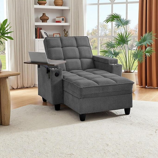 Single Modern Comfy Upholstered Chaise Lounge Sofa Chair with Rotating Side TableStoragePillowUSB Charging Ports and Adjustable Backrest Perfect for Living Room Small Spaces (Dark Gray)