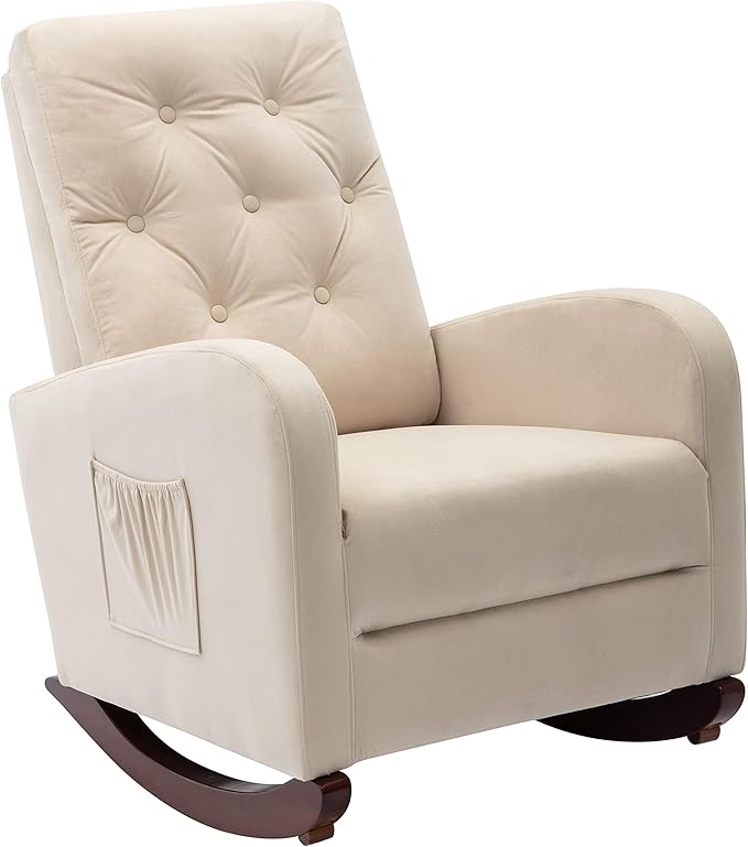Cozy Velvet Reclining Rocking Chair with Side Storage Pocket Comfortable Button Tufted Rocker Elegant and Functional Rocking Recliner Chair Ideal for Living Room &amp Nursery Beige