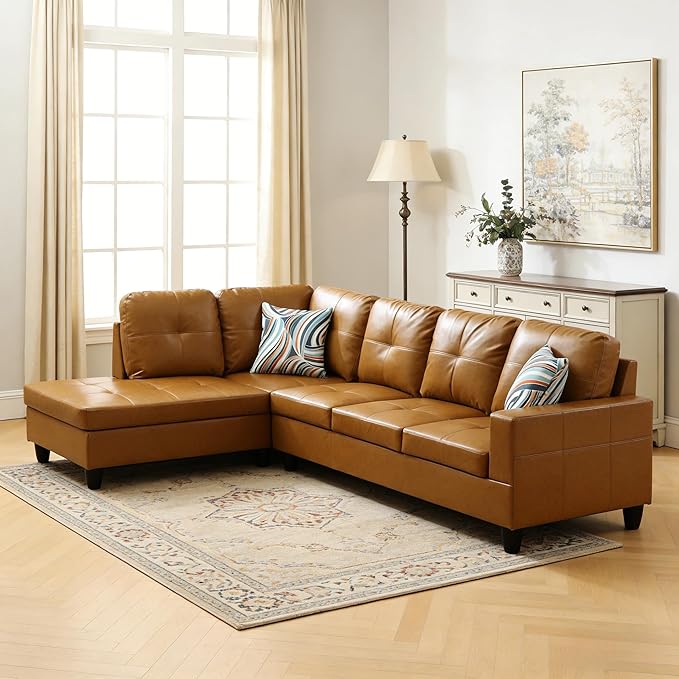 103.5 Inch Modern L-Shaped Couch PU Leather Sectional Sofa with Chaise Lounge 4-Seater Couch with Accent Pillows for Living Room Apartment Turmeric