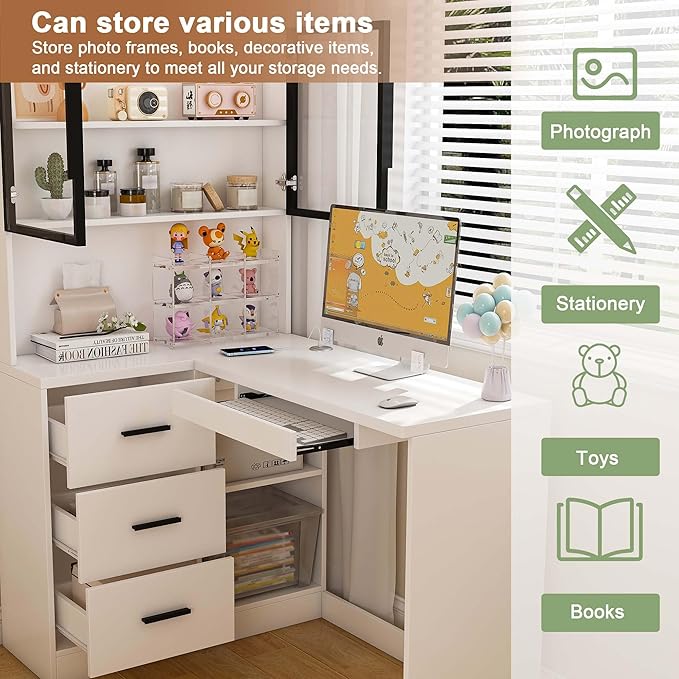 White L Shaped Desk with Keyboard Tray &amp Power Outlet Home Office Desk with Storage/LED Lights Corner Computer Desks with Drawers/Glass Cabinets for Study Room Corporate Workspaces (White)