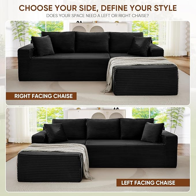 103 Modern L-Shaped Modular Sectional Sofa Comfy Corduroy Deep Seat Oversized Black Cloud Couch Deep Seat Compressed Foam Boneless Couches for Living Room No Assembly (Black Right Facing Chaise)