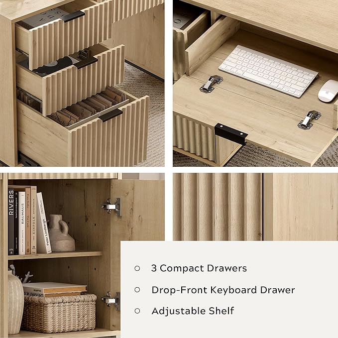 55 Large Fluted Executive Desk with File Drawer Computer Desk with Storage and Charging Station Modern Wooden Home Office Desk for Workspace Writing Study Light Oak