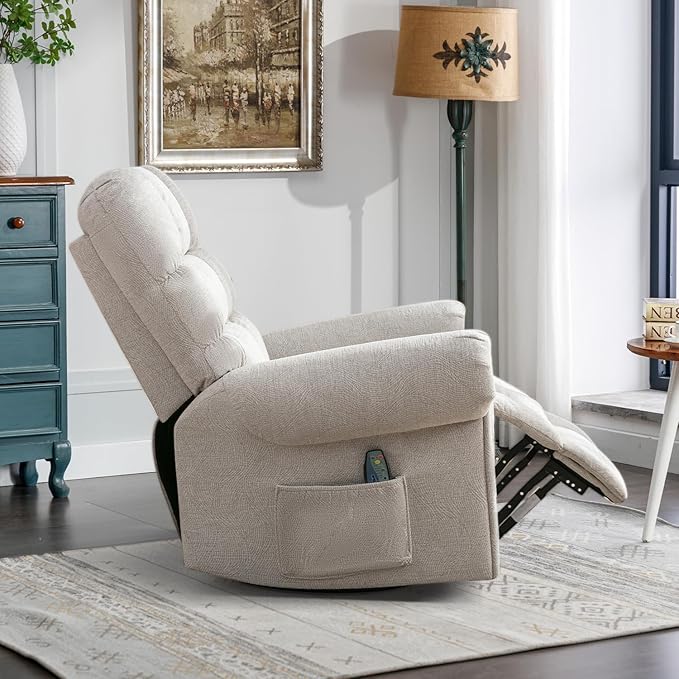 CANMOV Massage Swivel Rocker Recliner Chair with Heat and Vibration360°Swivel Rocking Glider Recliner Single Sofa with Side Pocket Manual Recliner Chair for Living RoomBedroomLight Grey