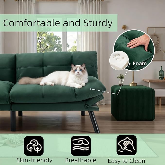 71-inch Microfiber Upholstered Futon Sofa Bed - 2 Seats Adjustable Arms/Back Iron Legs | Convertible to Sleeper for Main Living Spaces Bedrooms Offices (Emerald +2Seat)