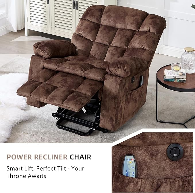 CANMOV Power Lift Recliner Chair for Elderly with Massage and Heat Electric Lift Chair with 2 Side Pockets and Cup Holders USB &amp Type-C for Living Room Brown