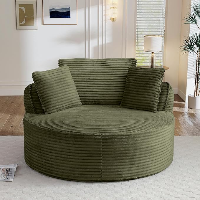 Antetek 53.5-inch Round Chair Modern Accent Corduroy Comfy Deep Seat Boneless Foam Floor Single Circle Chaise Sofa Chair with 3 Pillows for Living Room Bedroom Office No Assembly Required Green