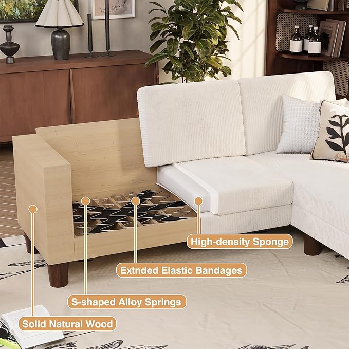 VICTONE Convertible Sectional Sofa Couch 3 Seat L-Shaped Sofa with Linen Fabric Ottoman Small Couch for Small Apartments Living Room and Office (Corduroy Cream)