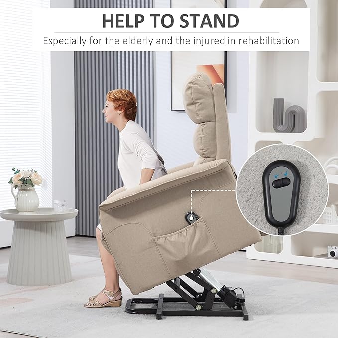 HOMCOM Power Lift Recliner Chair for Elderly Easy Assembly Fabric Lift Chair for Adults Recliner Sofa with Remote Control Side Pockets for Living Room Beige