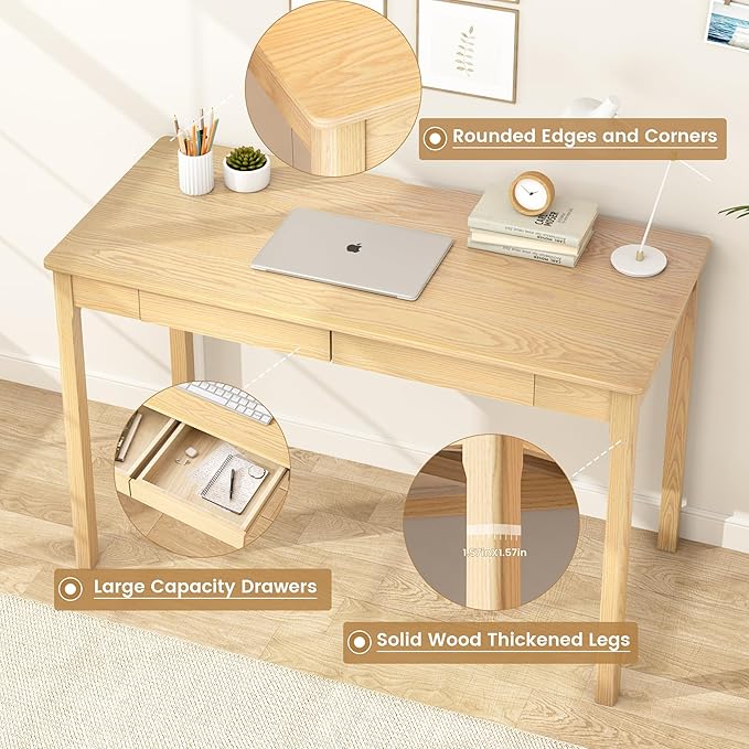 Solid Wood Writing Desk with Drawers Small Computer Desk Table Mid Century Modern Desks Study Home Office Desks for Work Small Wooden Dining Table for Bedroom Natural