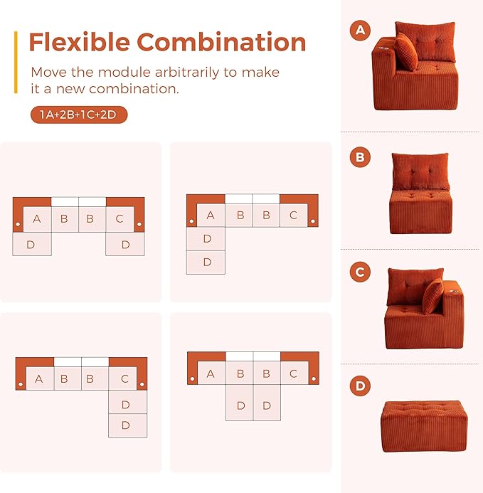 MAXYOYO 129.5 Modular Sectional Sofa Couch U Shaped Modern Cloud Couch with 2 Ottomans Sofa in A Box Tufted 6-Seat Boneless Sleeper Chair for Living Room No Assembly Required Orange