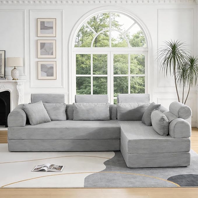 KEIKI 106 4Seat Modular Sectional Corduroy Sofa Couch for Living Room Apartment Living Family Friendly Homeowners Soft Plush Comfortable Cozy Relaxing Lounge Contemporary Design Light Gray