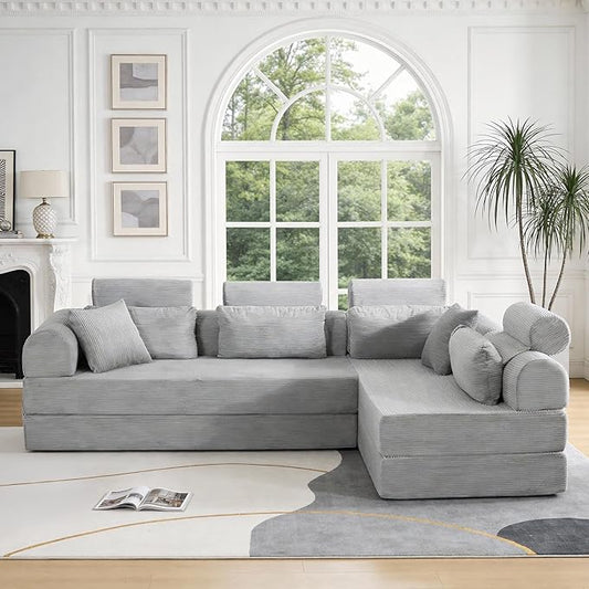 KEIKI 106 4Seat Modular Sectional Corduroy Sofa Couch for Living Room Apartment Living Family Friendly Homeowners Soft Plush Comfortable Cozy Relaxing Lounge Contemporary Design Light Gray