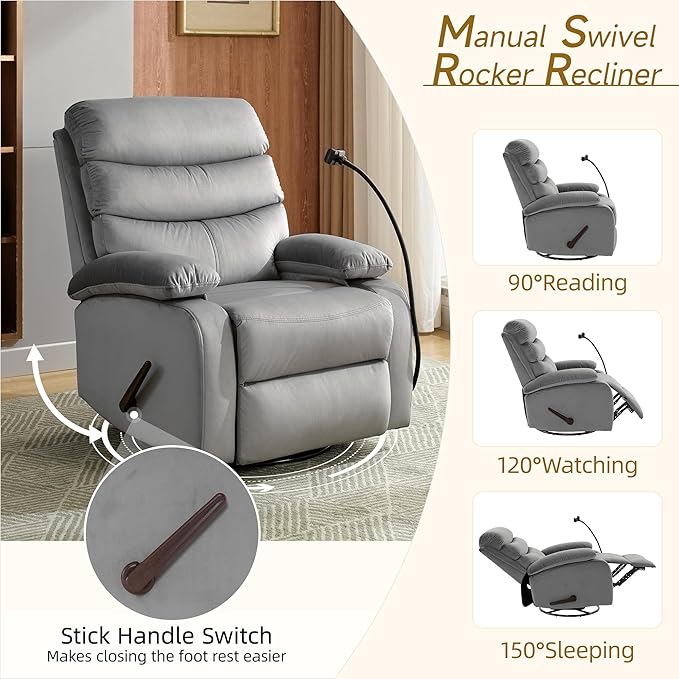 Swivel Rocker Recliner Chair Rocking Recliner Chair with Velvet Fabric Small Manual Reclining for Living Room Nursery Bedroom RV Light Gray