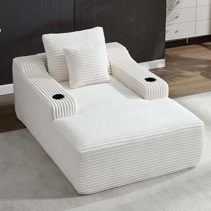 67inch Chaise Lounge Chair Indoor Upholstered Corduroy Couch with 2 PillowsComfy Fluffy Cloud CouchSingle Sleeper Sofa Chair for Livingroom (White 46.5W X 67D with Cup Holder)