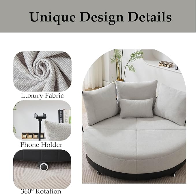 Anwick 52'' Oversized Round Swivel Chair360° Swivel Chair with Adjustable Phone Holder and 4 Pillows Upholstered Couples Chair with Rotating Pulley for Living Room Bedroom Lounge Hotel (Gray)