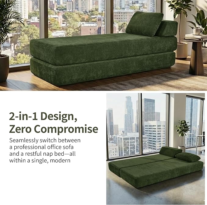 Convertible Chaise Lounge Chair Indoor Boneless Cloud Couch with 2 Pillows Sleeper Sofa for Living Room Bedroom Reading Nook- No Need Assembly (Green)